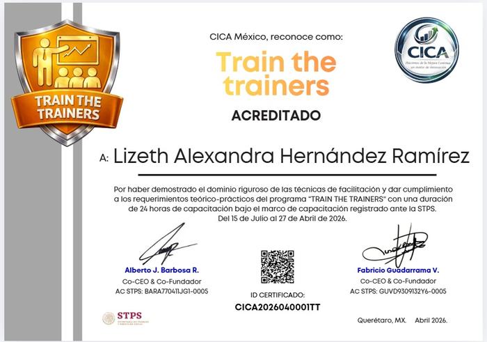 Certificado Train the Trainers - Ing. Lizeth Alexandra Hernández Ramírez